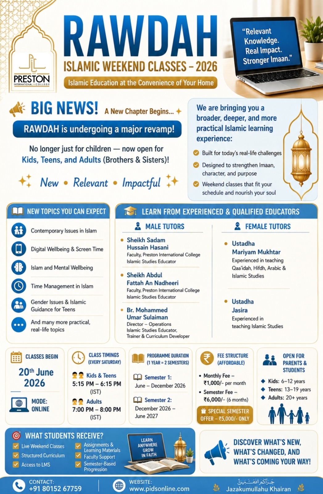 π RAWDAH ISLAMIC WEEKEND CLASSES β 2026
